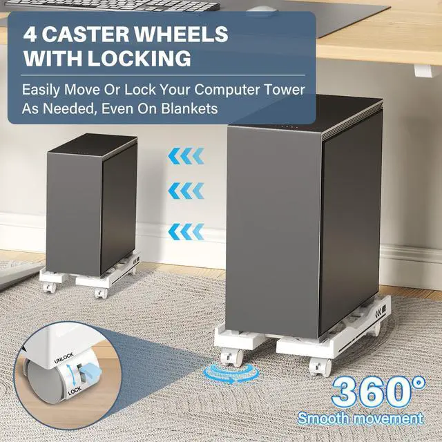 Alt view image 3 of 7 - Adjustable Computer Tower Stand, Mobile PC Stand for Floor with 4 Locking Caster Wheels Fits Most PC, Under Desk CPU Holder for Office, Gamers and Students (White)