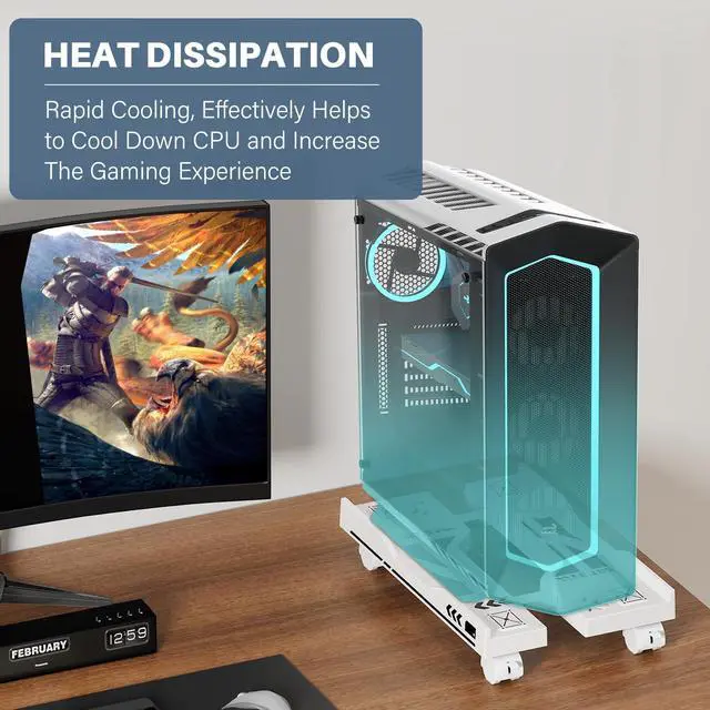 Alt view image 4 of 7 - Adjustable Computer Tower Stand, Mobile PC Stand for Floor with 4 Locking Caster Wheels Fits Most PC, Under Desk CPU Holder for Office, Gamers and Students (White)