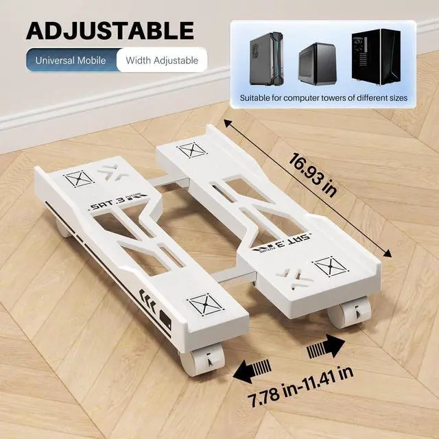Alt view image 2 of 7 - Adjustable Computer Tower Stand, Mobile PC Stand for Floor with 4 Locking Caster Wheels Fits Most PC, Under Desk CPU Holder for Office, Gamers and Students (White)