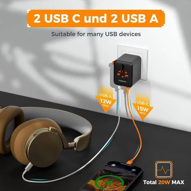 Alt view image 4 of 7 - Universal Travel Adapter, International Power Adapter with 4 USB Ports (2 USB C), Travel Plug Adaptor Worldwide for US to Europe UK France Germany Spain Ireland Australia Japan (Type C G A I)