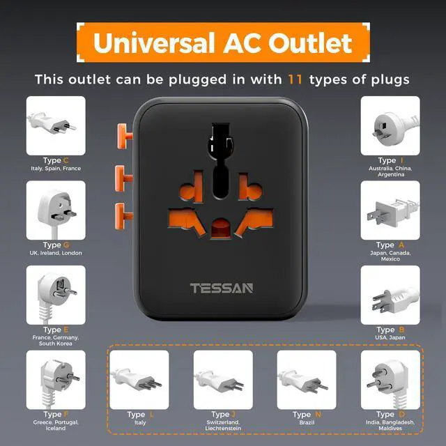 Alt view image 5 of 7 - Universal Travel Adapter, International Power Adapter with 4 USB Ports (2 USB C), Travel Plug Adaptor Worldwide for US to Europe UK France Germany Spain Ireland Australia Japan (Type C G A I)
