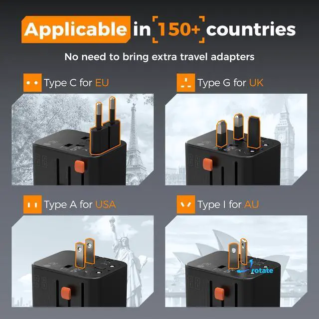 Alt view image 2 of 7 - Universal Travel Adapter, International Power Adapter with 4 USB Ports (2 USB C), Travel Plug Adaptor Worldwide for US to Europe UK France Germany Spain Ireland Australia Japan (Type C G A I)