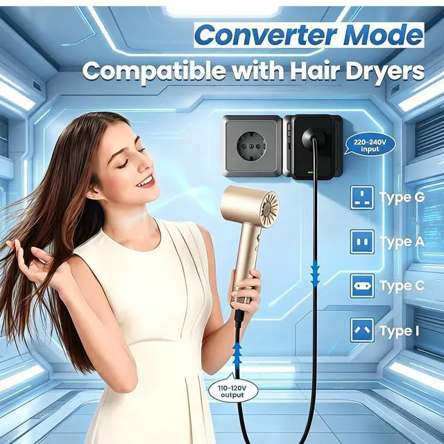 Alt view image 2 of 7 - 220V to 110V Voltage Converter US to Europe for Hair Dryer with Fast Charging, Power Converter Adapter Combo 2 USB A & 2 USB C, International Adapter European Travel Converter C G A I (Black)