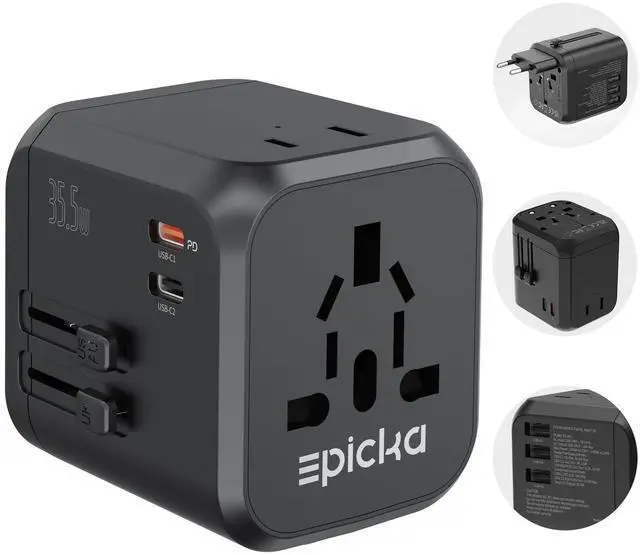 Main image of 35W Universal Travel Adapter with 2 AC Outlet, European Travel Plug Adapter with PD Fast Charging, 6-Port (2 AC/2 USB-C/3 USB-A) International Power Adapter - Travel Essentials (TA-205, Black)