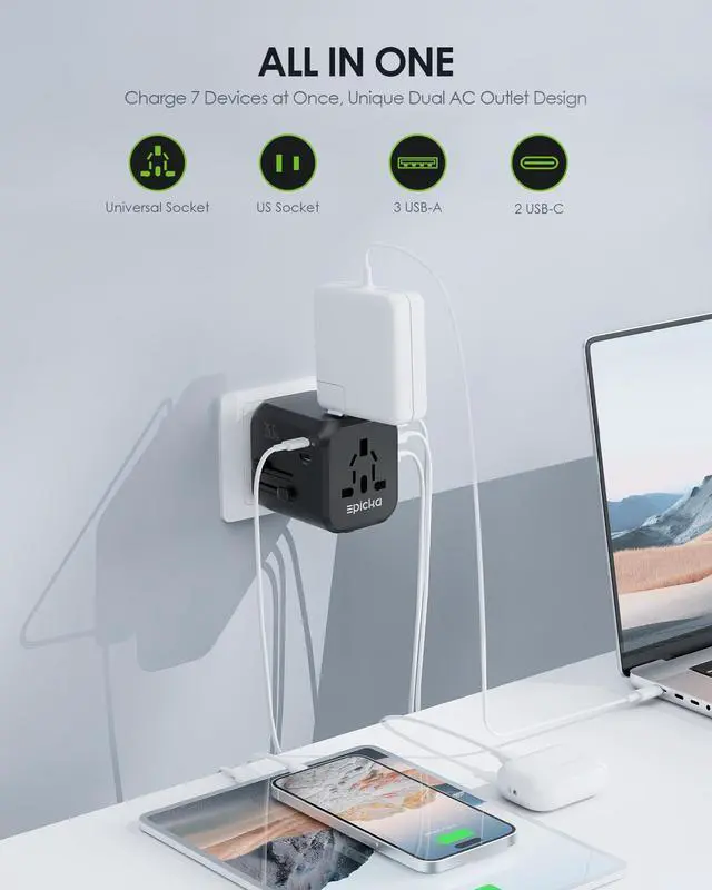 Alt view image 2 of 7 - 35W Universal Travel Adapter with 2 AC Outlet, European Travel Plug Adapter with PD Fast Charging, 6-Port (2 AC/2 USB-C/3 USB-A) International Power Adapter - Travel Essentials (TA-205, Black)