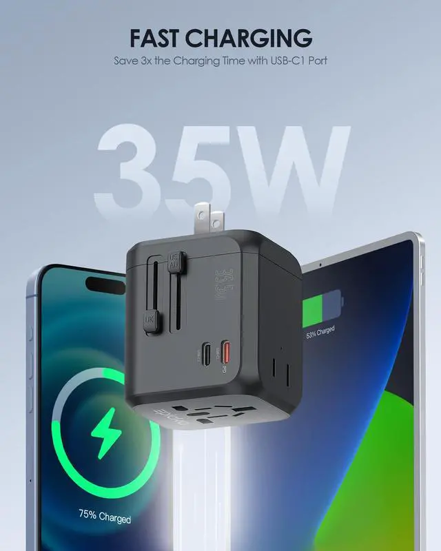 Alt view image 3 of 7 - 35W Universal Travel Adapter with 2 AC Outlet, European Travel Plug Adapter with PD Fast Charging, 6-Port (2 AC/2 USB-C/3 USB-A) International Power Adapter - Travel Essentials (TA-205, Black)
