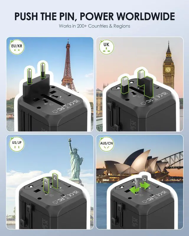 Alt view image 4 of 7 - 35W Universal Travel Adapter with 2 AC Outlet, European Travel Plug Adapter with PD Fast Charging, 6-Port (2 AC/2 USB-C/3 USB-A) International Power Adapter - Travel Essentials (TA-205, Black)