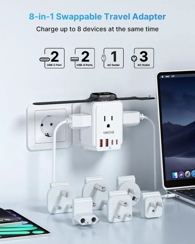 Alt view image 2 of 6 - Universal Travel Adapter Kit, International Power Adapter for Apple Watch Charger with 3 AC Outlets 4 USB Ports (2 USB C), Type A/C/D/G/I/M Detachable Plugs, US to Europe/UK/India/Africa