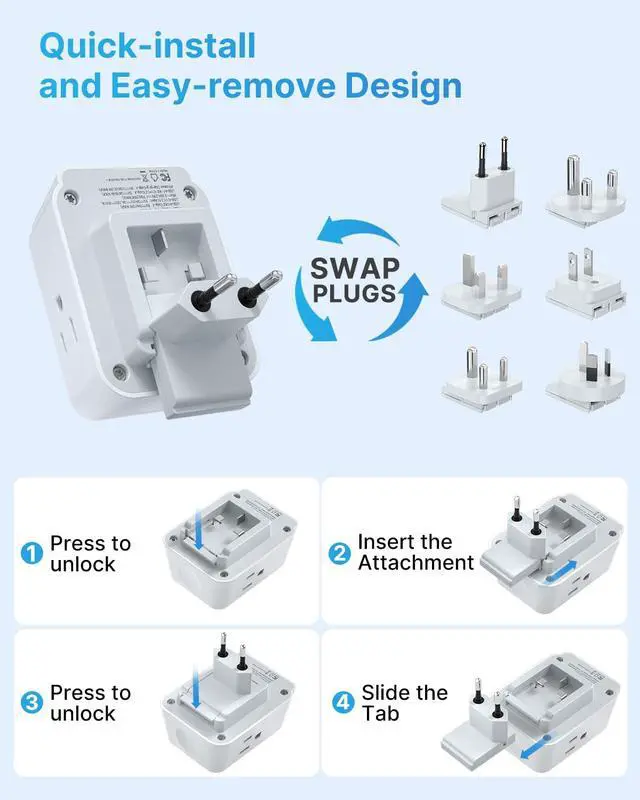 Alt view image 4 of 6 - Universal Travel Adapter Kit, International Power Adapter for Apple Watch Charger with 3 AC Outlets 4 USB Ports (2 USB C), Type A/C/D/G/I/M Detachable Plugs, US to Europe/UK/India/Africa