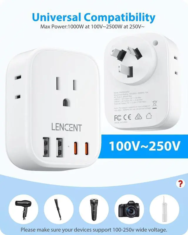 Alt view image 5 of 7 - Australia New Zealand Power Plug Adapter, US To Australia Plug Adapter with 4 Outlets, 4 USB Ports(2 USB C), Type I Plug Converter for US to AU Argentina China Fiji, Travel Essentials