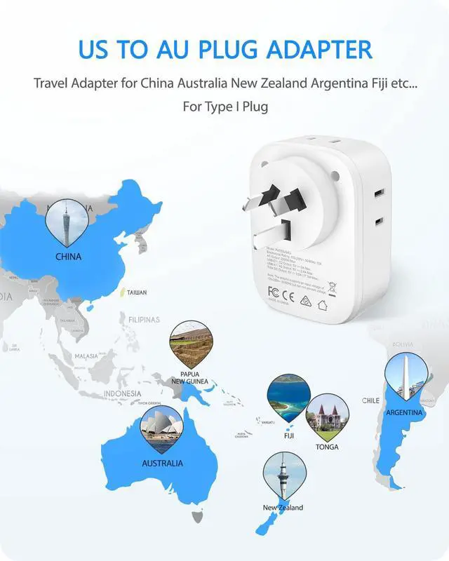Alt view image 2 of 7 - Australia New Zealand Power Plug Adapter, US To Australia Plug Adapter with 4 Outlets, 4 USB Ports(2 USB C), Type I Plug Converter for US to AU Argentina China Fiji, Travel Essentials