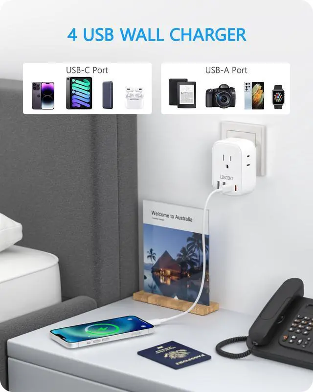 Alt view image 4 of 7 - Australia New Zealand Power Plug Adapter, US To Australia Plug Adapter with 4 Outlets, 4 USB Ports(2 USB C), Type I Plug Converter for US to AU Argentina China Fiji, Travel Essentials