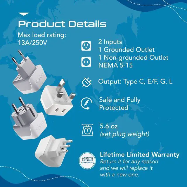 Alt view image 2 of 7 - European Plug Adapter 4 Pack Set, USA to Europe, Italy, Germany, England, Spain, Italy, Iceland, France (Type C, E/F, G, L) - for Your Cell Phones, Tablets, iPhone, Camera (CT-EU-4SET)