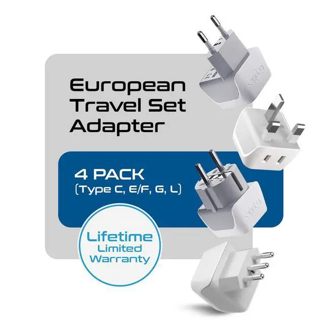 Alt view image 3 of 7 - European Plug Adapter 4 Pack Set, USA to Europe, Italy, Germany, England, Spain, Italy, Iceland, France (Type C, E/F, G, L) - for Your Cell Phones, Tablets, iPhone, Camera (CT-EU-4SET)