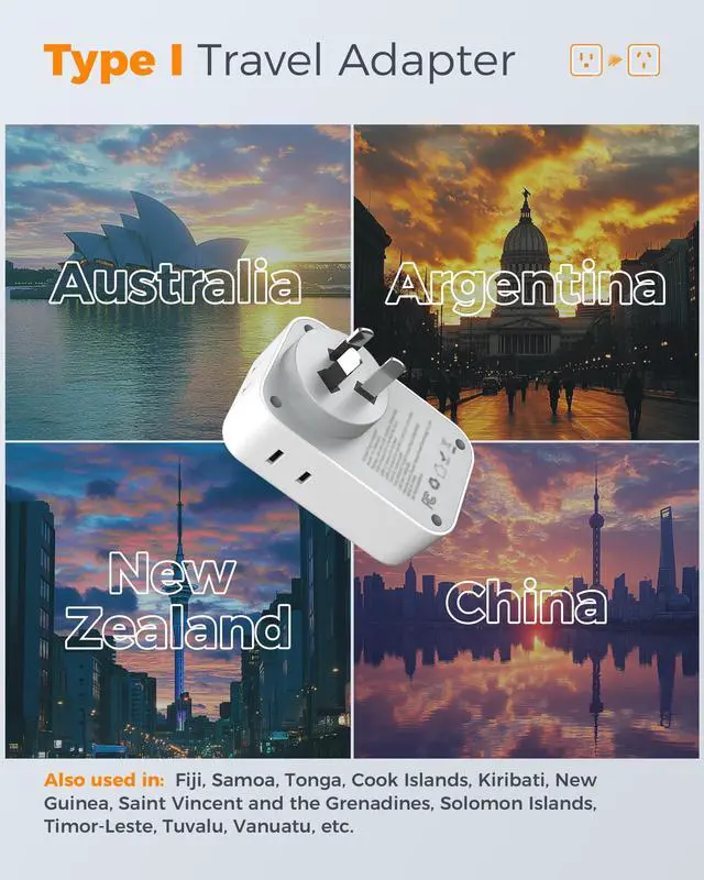 Alt view image 2 of 7 - Australia New Zealand Power Adapter PD 20W, Type I Travel Plug Adaptor with 4 Electrical Outlets 4 USB Ports (2 USB-C) for US to Fiji Australian AU Argentina China Solomon Uruguay Tonga