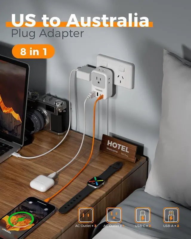 Alt view image 3 of 7 - Australia New Zealand Power Adapter PD 20W, Type I Travel Plug Adaptor with 4 Electrical Outlets 4 USB Ports (2 USB-C) for US to Fiji Australian AU Argentina China Solomon Uruguay Tonga