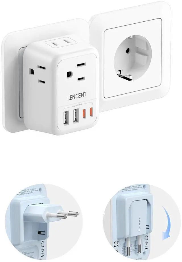 Main image of European Travel Plug Adapter, Foldable US to Europe Plug Adapter with 4 Outlets, 4 USB (2 USB C) Charger Adapter, Type C Power Adaptor for USA to Italy Spain France Portugal Iceland Germany