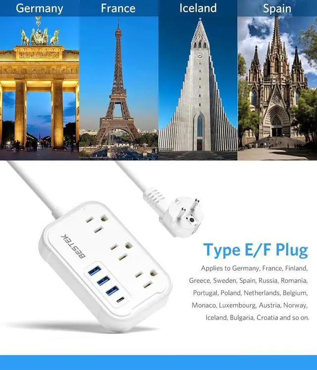 Alt view image 7 of 7 - European Travel Plug Adapter - US to Europe Plug Adapter with 3 AC Outlets and 4 USB(1 PD20W) Type E/F - International Travel Adapter for USA to Germany France Spain Italy Iceland