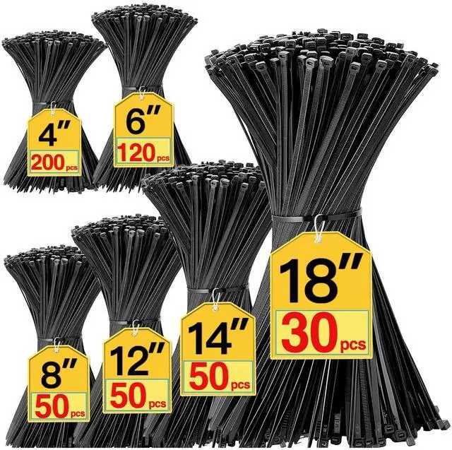 Main image of Black Zip Ties Assorted Sizes 4+6+8+12+14+18 inch, 500 Pack Cable Ties, UV-Resistant Zipties, Multi-Purpose for Home, Office, Garage & Cable Management, SiKuLin