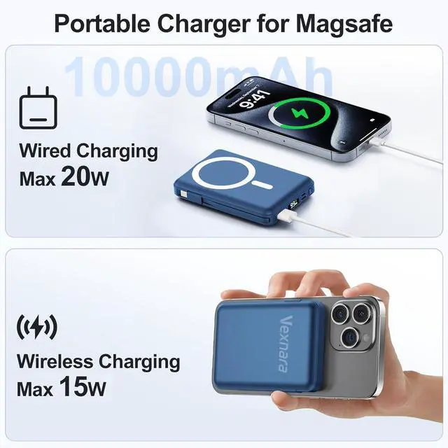 Alt view image 3 of 7 - for Magsafe Power Bank, 10000mAh Magnetic Power Bank with USB-C Cable and PD 20W USB C Fast Charging LED Display, Wireless Portable Charger for iPhone 17/16/15/14/13/12/Pro/Pro Max