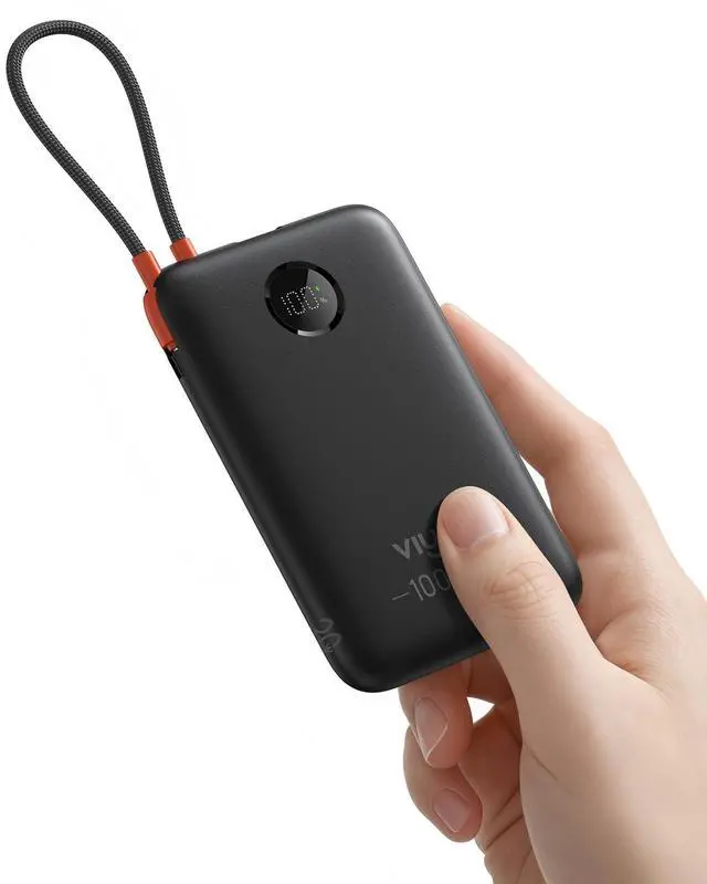 Main image of 0.58" Slim Portable Charger Power Bank 10000mAh PD 20W Fast Charging Compact Battery Pack with Built-in USB C Cable Travel Essential for iPhone 17 16 15 Samsung A16 S24 Android-Black