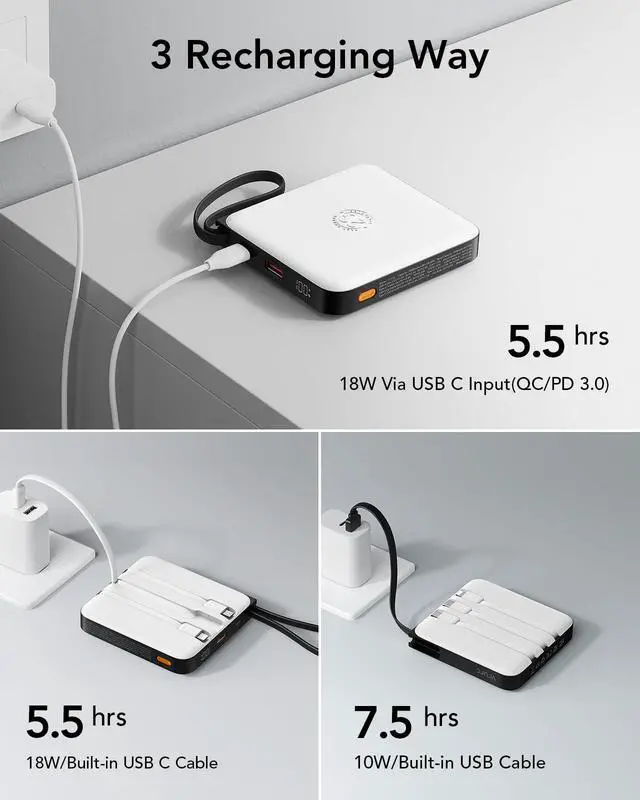 Alt view image 3 of 7 - 20000mAh Portable Charger with Built-in Cables, 22.5W Fast Charging Power Bank with LED Display, Battery Pack Travel Essentials for iPhone 17/16/15 Series, Samsung Galaxy S26 Series, White