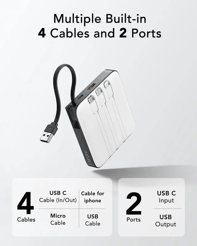 Alt view image 2 of 7 - 20000mAh Portable Charger with Built-in Cables, 22.5W Fast Charging Power Bank with LED Display, Battery Pack Travel Essentials for iPhone 17/16/15 Series, Samsung Galaxy S26 Series, White