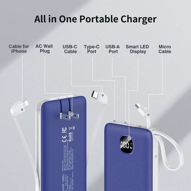 Alt view image 2 of 7 - Portable Charger with Built-in Cables&AC Wall Plug,Slim 10000mAh 22.5W Fast Charging Power Bank,5 Output 2 Input USB-C External Battery Pack Compatible with iPhones,Samsung,Android, etc