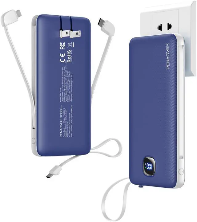 Main image of Portable Charger with Built-in Cables&AC Wall Plug,Slim 10000mAh 22.5W Fast Charging Power Bank,5 Output 2 Input USB-C External Battery Pack Compatible with iPhones,Samsung,Android, etc