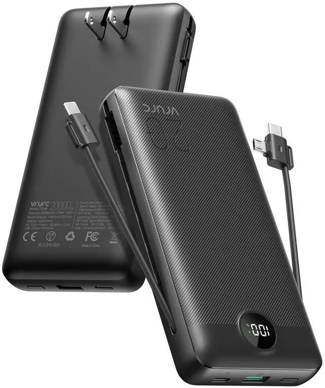 Main image of Portable Charger 20000mAh, Fast Charging Power Bank USB C,4 Output 2 Input Travel Essentials Charging Bank Equipped with LED Display,Built-in Wall Plug and Cables,Phone Charger Battery,Black