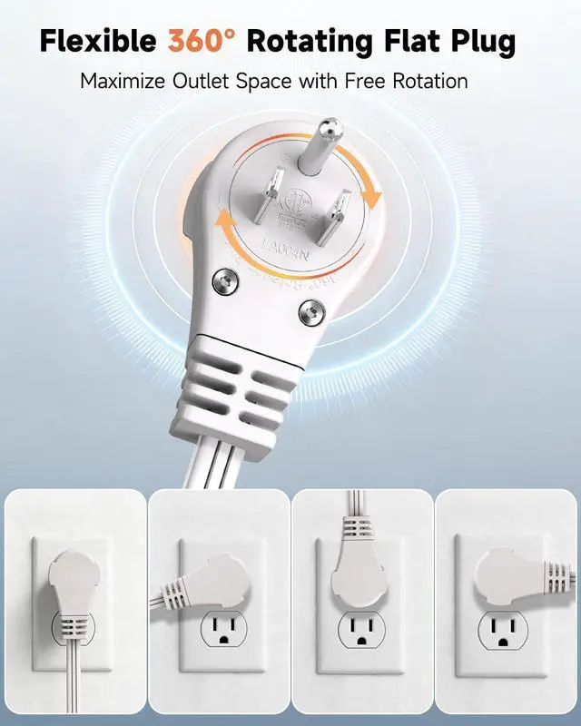 Alt view image 2 of 7 - 6FT 360° Rotating Flat Plug Extension Cord, Extension Cord with 3-Outlet, 16 AWG Thin White Multi Outlet Extension Cord for Indoor Lights, Small Spaces, Right Angle Socket, ETL Listed