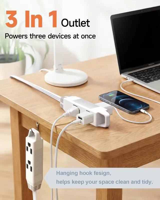 Alt view image 4 of 7 - 6FT 360° Rotating Flat Plug Extension Cord, Extension Cord with 3-Outlet, 16 AWG Thin White Multi Outlet Extension Cord for Indoor Lights, Small Spaces, Right Angle Socket, ETL Listed