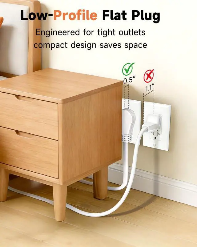 Alt view image 5 of 7 - 6FT 360° Rotating Flat Plug Extension Cord, Extension Cord with 3-Outlet, 16 AWG Thin White Multi Outlet Extension Cord for Indoor Lights, Small Spaces, Right Angle Socket, ETL Listed