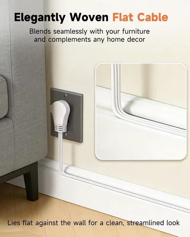 Alt view image 6 of 7 - 6FT 360° Rotating Flat Plug Extension Cord, Extension Cord with 3-Outlet, 16 AWG Thin White Multi Outlet Extension Cord for Indoor Lights, Small Spaces, Right Angle Socket, ETL Listed