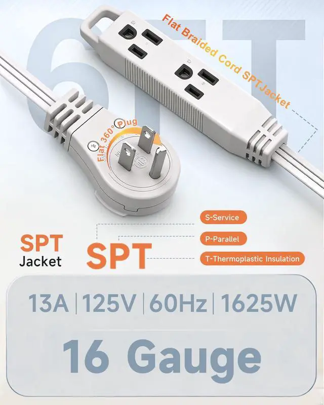 Alt view image 3 of 7 - 6FT 360° Rotating Flat Plug Extension Cord, Extension Cord with 3-Outlet, 16 AWG Thin White Multi Outlet Extension Cord for Indoor Lights, Small Spaces, Right Angle Socket, ETL Listed