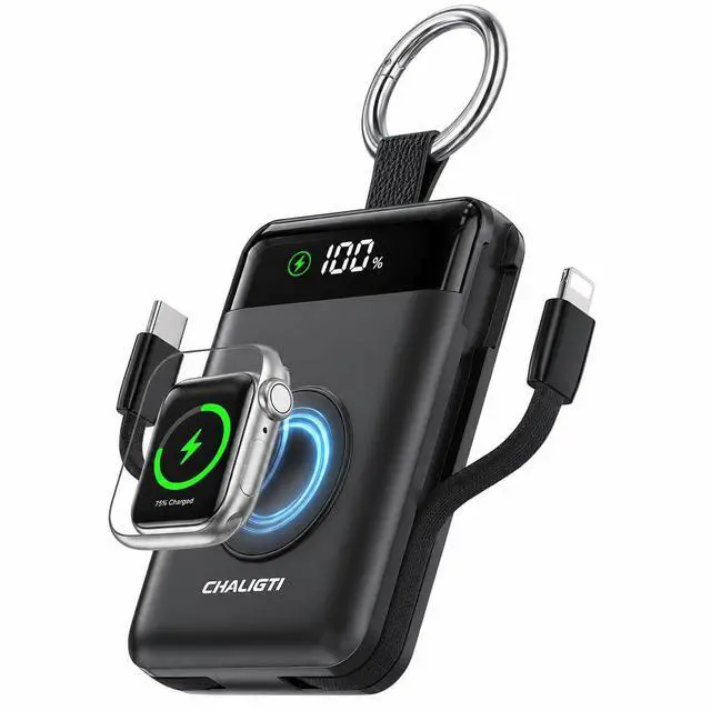 Main image of 5000mAh Portable Charger with LED Display,PD 20W Super Fast Charging Power Bank with Built-in Cables,Travel Keychain Battery Pack for Apple Watch Series,iPhone 17/16/15/14/13/12 (Black)