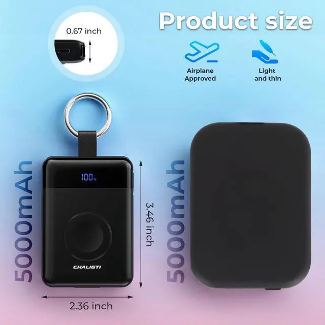 Alt view image 5 of 7 - 5000mAh Portable Charger with LED Display,PD 20W Super Fast Charging Power Bank with Built-in Cables,Travel Keychain Battery Pack for Apple Watch Series,iPhone 17/16/15/14/13/12 (Black)