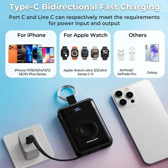Alt view image 3 of 7 - 5000mAh Portable Charger with LED Display,PD 20W Super Fast Charging Power Bank with Built-in Cables,Travel Keychain Battery Pack for Apple Watch Series,iPhone 17/16/15/14/13/12 (Black)