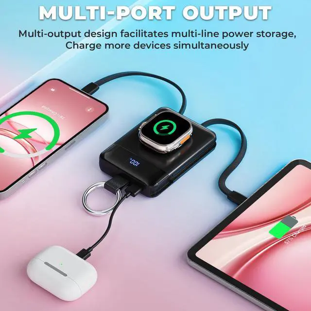Alt view image 2 of 7 - 5000mAh Portable Charger with LED Display,PD 20W Super Fast Charging Power Bank with Built-in Cables,Travel Keychain Battery Pack for Apple Watch Series,iPhone 17/16/15/14/13/12 (Black)