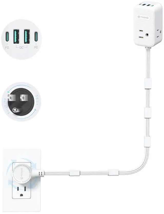 Main image of Electrical Outlet Extender 360° Rotating Plug with 20W USB C, 36in Short Extension Cord, Wall Plug Adapter with 3 AC Outlets, Access Hard-to-Reach Outlets Use Behind Couches, Desk, White