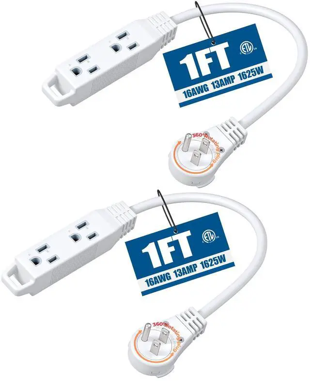 Main image of 1FT 360° Rotating Flat Plug Extension Cord, 3 Prong Thin Power Strip, 16/3C 13A/125V/1625W, Rotating Plug for Indoor Narrow Space, SJT-3, ETL Listed, White, 2 Pack