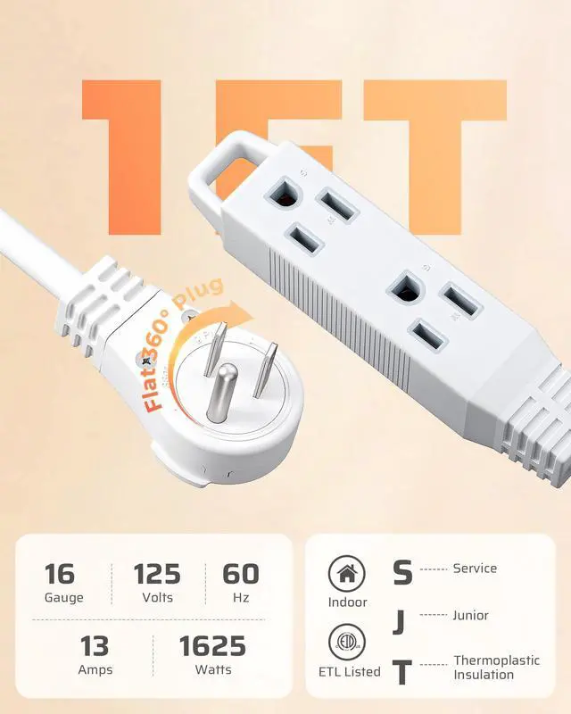 Alt view image 7 of 7 - 1FT 360° Rotating Flat Plug Extension Cord, 3 Prong Thin Power Strip, 16/3C 13A/125V/1625W, Rotating Plug for Indoor Narrow Space, SJT-3, ETL Listed, White, 2 Pack