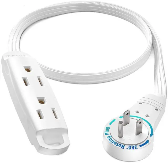 Main image of 360 Degree Rotating Flat Extension Cord 1 Ft Multi 3 Outlet Power Cord Grounded 16 AWG UL Certified, White