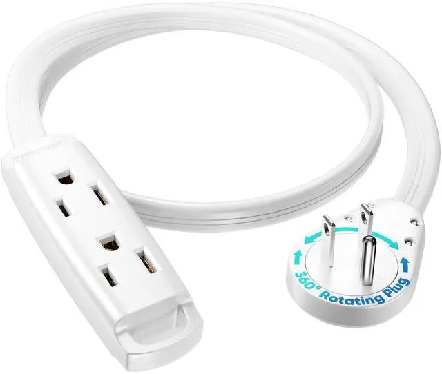 Main image of 3-Outlet 360° Rotating Flat Plug Extension Cord, 1ft, White, 14AWG Heavy Duty Flat Wire with Hanging Loop, 2-Sided Multi-Outlet Power Strip, UL Certified