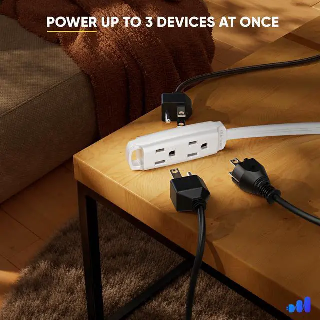 Alt view image 2 of 7 - 3-Outlet 360° Rotating Flat Plug Extension Cord, 1ft, White, 14AWG Heavy Duty Flat Wire with Hanging Loop, 2-Sided Multi-Outlet Power Strip, UL Certified
