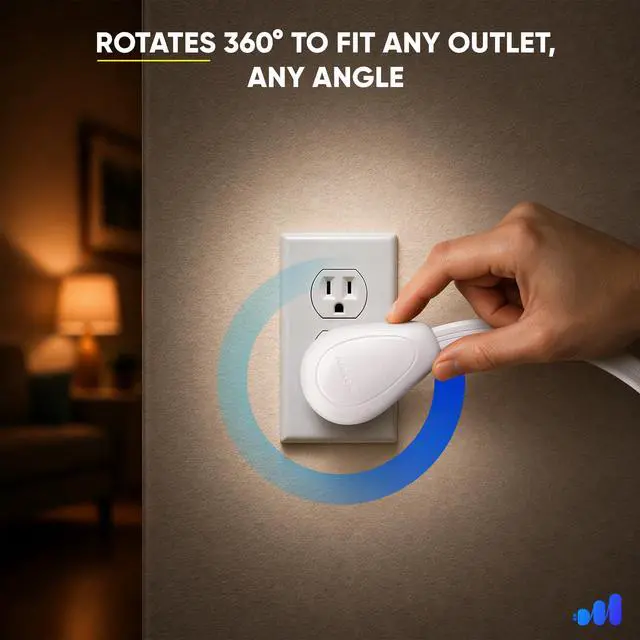 Alt view image 3 of 7 - 3-Outlet 360° Rotating Flat Plug Extension Cord, 1ft, White, 14AWG Heavy Duty Flat Wire with Hanging Loop, 2-Sided Multi-Outlet Power Strip, UL Certified