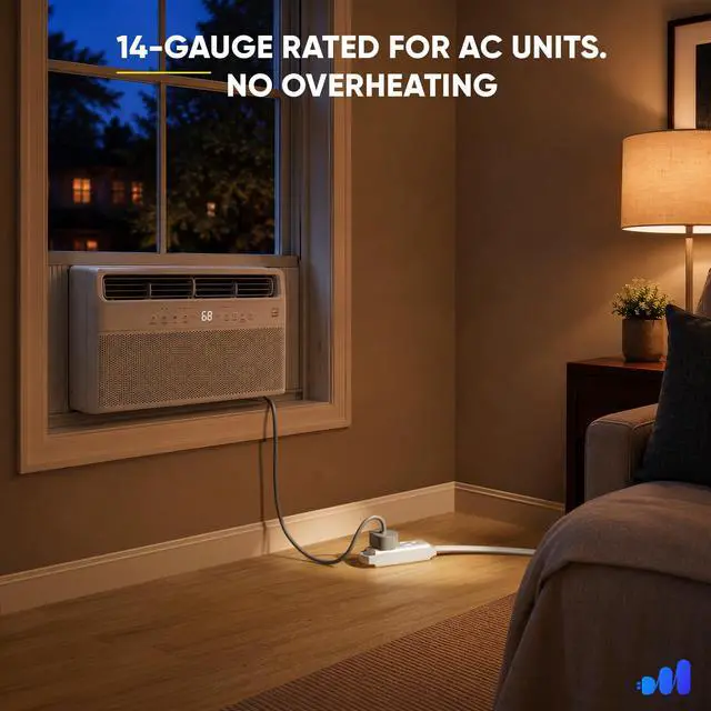 Alt view image 4 of 7 - 3-Outlet 360° Rotating Flat Plug Extension Cord, 1ft, White, 14AWG Heavy Duty Flat Wire with Hanging Loop, 2-Sided Multi-Outlet Power Strip, UL Certified