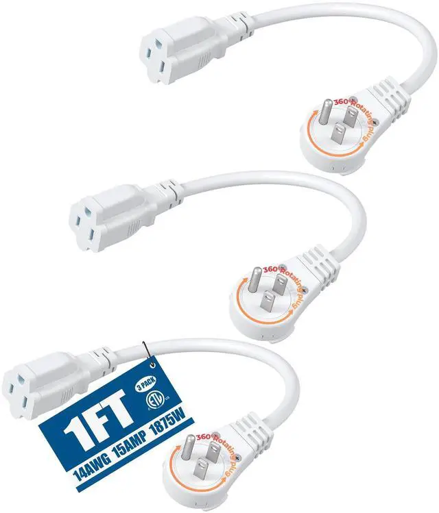 Main image of 360° Rotating Flat Plug Extension Cord 1 Foot, 14/3 Gauge 3 Prong Grounded Wire, 15A/1875W Heavy Duty Power Cord, Space-Saving Size for Indoor Narrow Space, ETL Certified, 3-Pack (White)