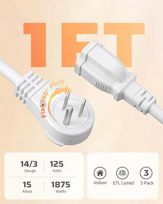 Alt view image 6 of 7 - 360° Rotating Flat Plug Extension Cord 1 Foot, 14/3 Gauge 3 Prong Grounded Wire, 15A/1875W Heavy Duty Power Cord, Space-Saving Size for Indoor Narrow Space, ETL Certified, 3-Pack (White)