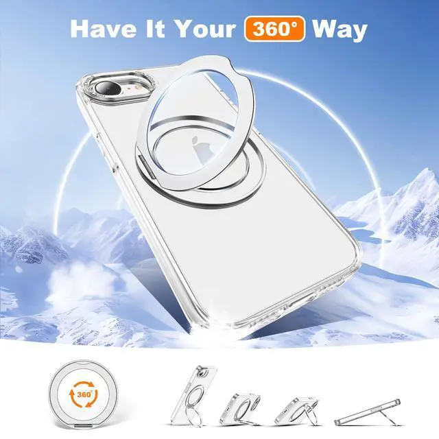 Alt view image 2 of 7 - for iPhone 16e Case & iPhone 17e Case with 360° Rotatable Magnetic Ring Stand Compatible with Mag-Safe Military Protection Shockproof Transparent Phone Cases, Clear